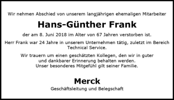 Traueranzeige von Hans-Günther Frank von Trauerportal Rhein Main Presse