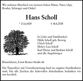 Traueranzeige von Hans Scholl von Trauerportal Rhein Main Presse