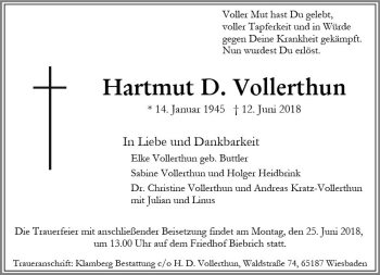 Traueranzeige von Hartmut Vollerthun von Trauerportal Rhein Main Presse
