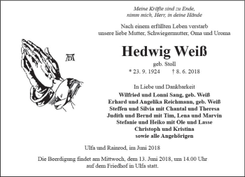 Traueranzeige von Hedwig Weiß von  Kreisanzeiger
