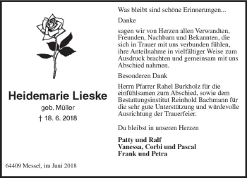 Traueranzeige von Heidemarie Lieske von Trauerportal Rhein Main Presse