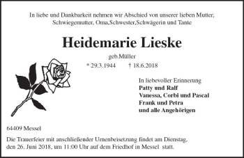 Traueranzeige von Heidemarie Lieske von Trauerportal Rhein Main Presse