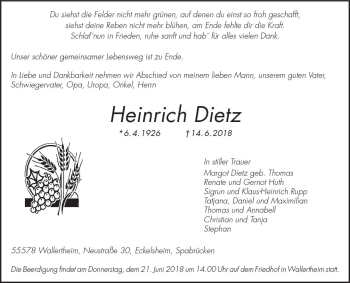 Traueranzeige von Heinrich Dietz von Trauerportal Rhein Main Presse