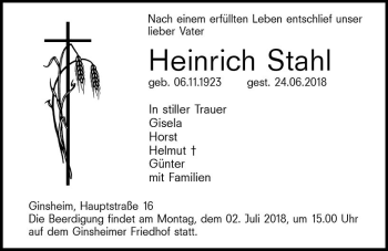 Traueranzeige von Heinrich Stahl von Trauerportal Rhein Main Presse