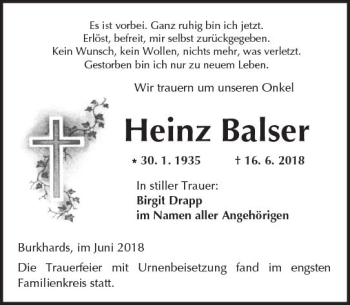 Traueranzeige von Heinz Balser von  Kreisanzeiger