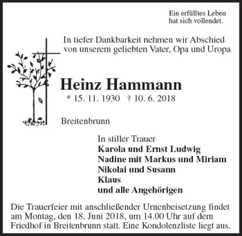 Traueranzeige von Heinz Hammann von Trauerportal Rhein Main Presse