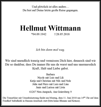 Traueranzeige von Hellmut Wittmann von  Usinger Anzeiger