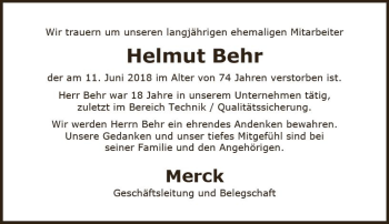 Traueranzeige von Helmut Behr von Trauerportal Rhein Main Presse