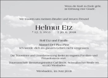 Traueranzeige von Helmut Etz von Trauerportal Rhein Main Presse