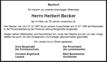 Traueranzeige von Herbert Becker von Trauerportal Rhein Main Presse