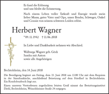 Traueranzeige von Herbert Wagner von Trauerportal Rhein Main Presse