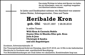 Traueranzeige von Heribalde Kron von Trauerportal Rhein Main Presse