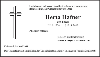 Traueranzeige von Herta Hafner von  Kreisanzeiger