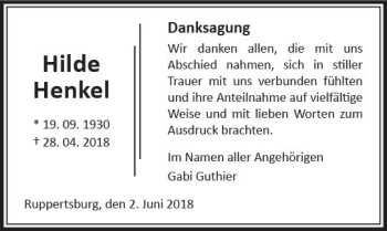 Traueranzeige von Hilde Henkel von  Gießener Anzeiger
