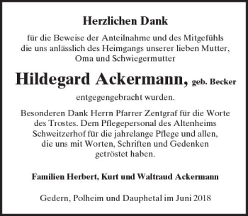 Traueranzeige von Hildegard Ackermann von  Kreisanzeiger