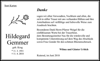 Traueranzeige von Hildegard Gemmer von VRM Trauer