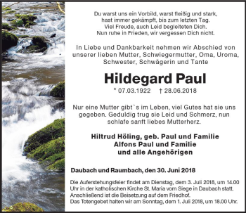 Traueranzeige von Hildegard Paul von Trauerportal Rhein Main Presse