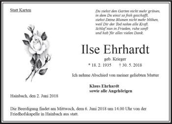 Traueranzeige von Ilse Ehrhardt von VRM Trauer