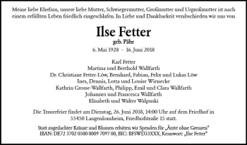 Traueranzeige von Ilse Fetter von Trauerportal Rhein Main Presse