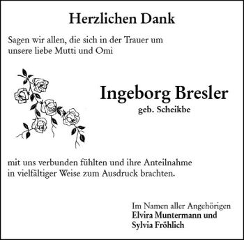 Traueranzeige von Ingeborg Bresler von Trauerportal Rhein Main Presse
