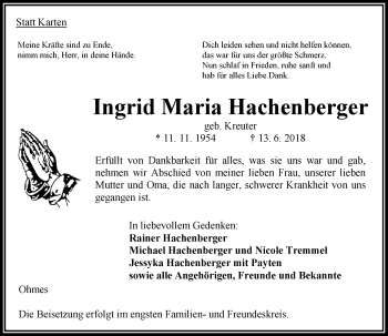 Traueranzeige von Ingrid Maria Hachenberger von VRM Trauer
