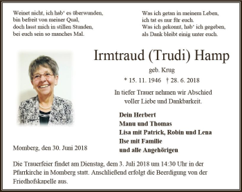 Traueranzeige von Irmtraud Hamp von VRM Trauer