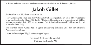 Traueranzeige von Jakob Gillet von Trauerportal Rhein Main Presse