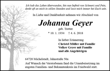 Traueranzeige von Johanna Geyer von Trauerportal Rhein Main Presse