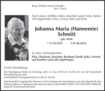 Traueranzeige von Johanna Maria Schmitt von Trauerportal Rhein Main Presse