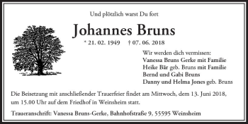 Traueranzeige von Johannes Bruns von Trauerportal Rhein Main Presse
