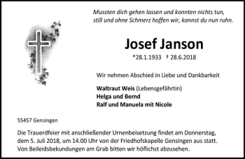 Traueranzeige von Josef Janson von Trauerportal Rhein Main Presse