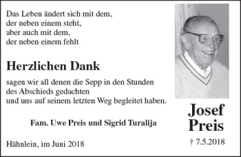 Traueranzeige von Josef Preis von Trauerportal Rhein Main Presse