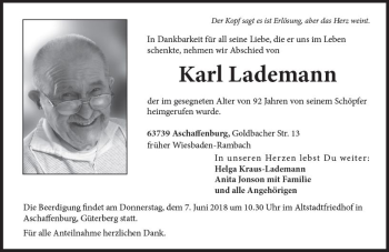 Traueranzeige von Karl Lademann von Trauerportal Rhein Main Presse