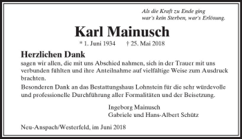Traueranzeige von Karl Mainusch von  Usinger Anzeiger