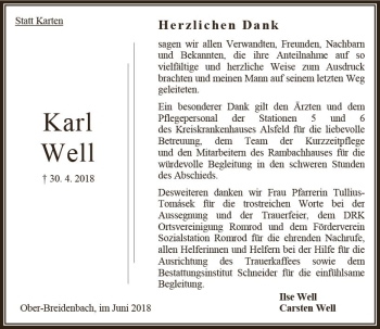 Traueranzeige von Karl Well von VRM Trauer