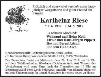Traueranzeige von Karlheinz Riese von Trauerportal Rhein Main Presse