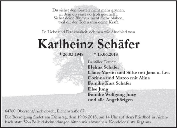 Traueranzeige von Karlheinz Schäfer von Trauerportal Rhein Main Presse