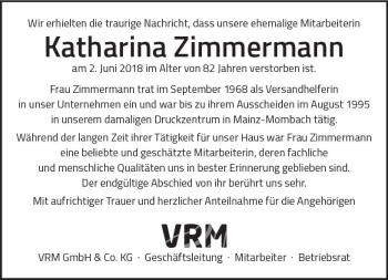 Traueranzeige von Katharina Zimmermann von Trauerportal Rhein Main Presse