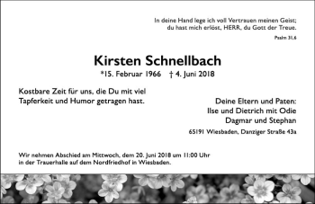 Traueranzeige von Kirsten Schnellbach von Trauerportal Rhein Main Presse