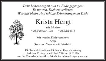 Traueranzeige von Krista Hergt von  Usinger Anzeiger