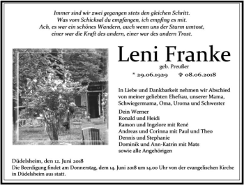 Traueranzeige von Leni Franke von  Kreisanzeiger