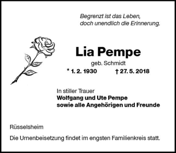 Traueranzeige von Lia Pempe von Trauerportal Rhein Main Presse