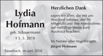 Traueranzeige von Lydia Hofmann von  Kreisanzeiger