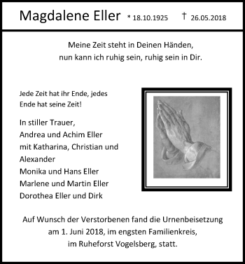 Traueranzeige von Magdalene Eller von  Gießener Anzeiger