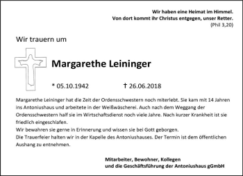 Traueranzeige von Margarethe Leininger von Trauerportal Rhein Main Presse