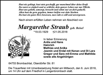 Traueranzeige von Margarethe Straub von Trauerportal Rhein Main Presse