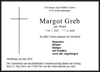 Traueranzeige von Margot Greb von VRM Trauer