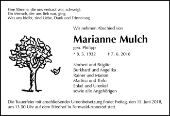 Traueranzeige von Marianne Mulch von  Gießener Anzeiger
