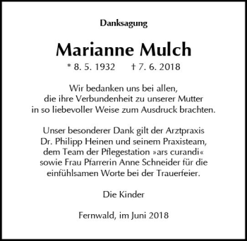 Traueranzeige von Marianne Mulch von  Gießener Anzeiger