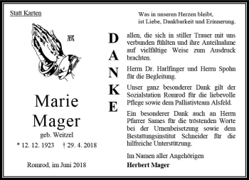 Traueranzeige von Marie Mager von VRM Trauer